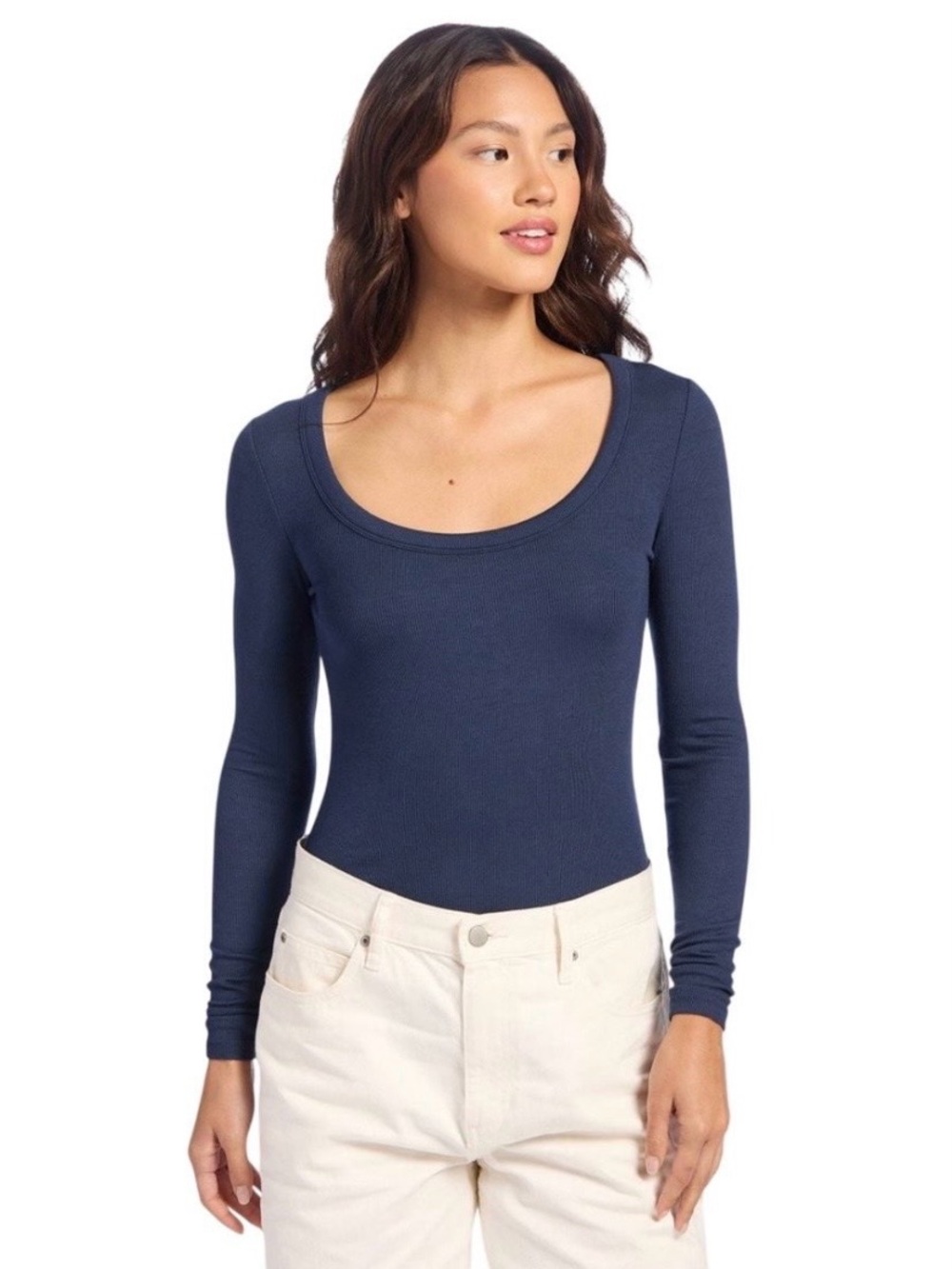 nuuds Slinky Rib Scoop Neck Long Sleeve Bodysuit in Navy